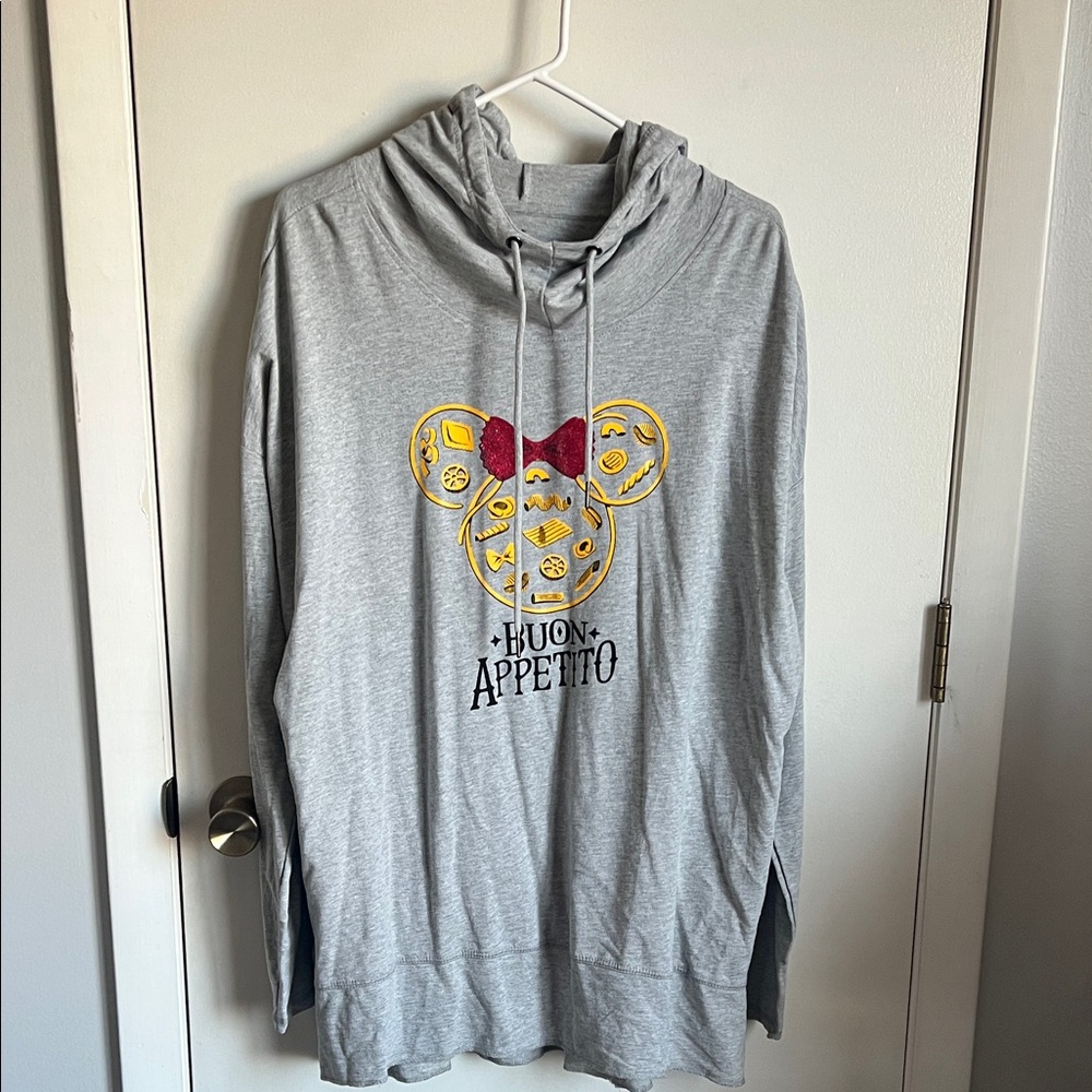 Like New! Gray 'Buon Appetito' Hoodie with Minnie Mouse and Pasta Graphic